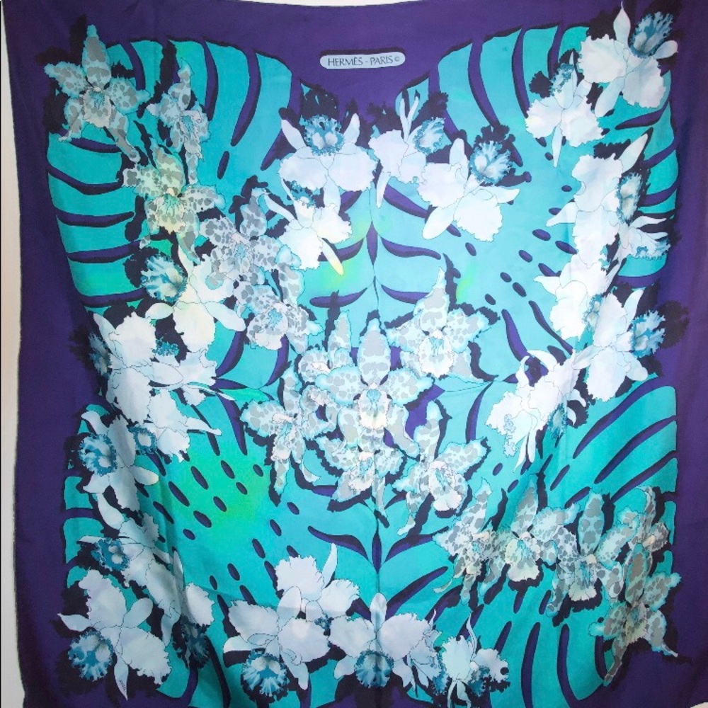 Hermes vintage Dessin D’Orchidees silk scarf